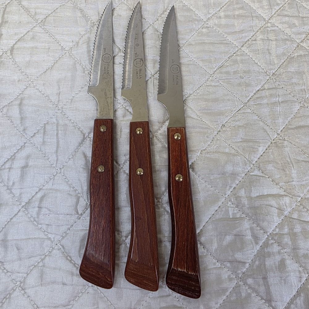 Vintage IRALBA Set Of 3 Wood Handled Serrated Steak Knives MCM Made In Spain